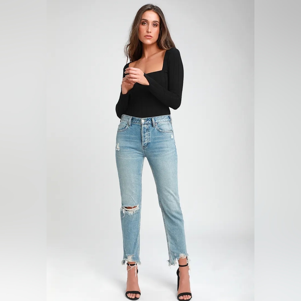 Free People Black Ribbed Bodysuit Square Neckline Party Cocktails Concerts - Picture 3 of 10